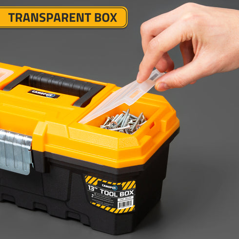 Plastic Toolbox, 13-inch Portable Plastic Tool Box with Metallic Clutch, Small Tool Box Tool Organizer with Extra Storage Tray for Home Tools, Nails and Pins, Black-Yellow